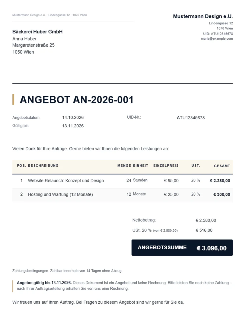 PDF „ANGEBOT AN-2026-001“ mit Briefkopf, Angebotsdatum, „Gültig bis“, Einleitungstext, Positionen, Angebotssumme und dem Hinweis, dass es keine Rechnung ist
