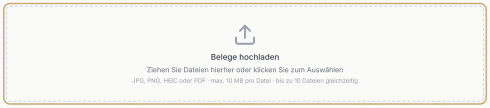 Feld „Belege hochladen“: Dateien hierher ziehen oder klicken; JPG, PNG, HEIC oder PDF bis 10 MB
