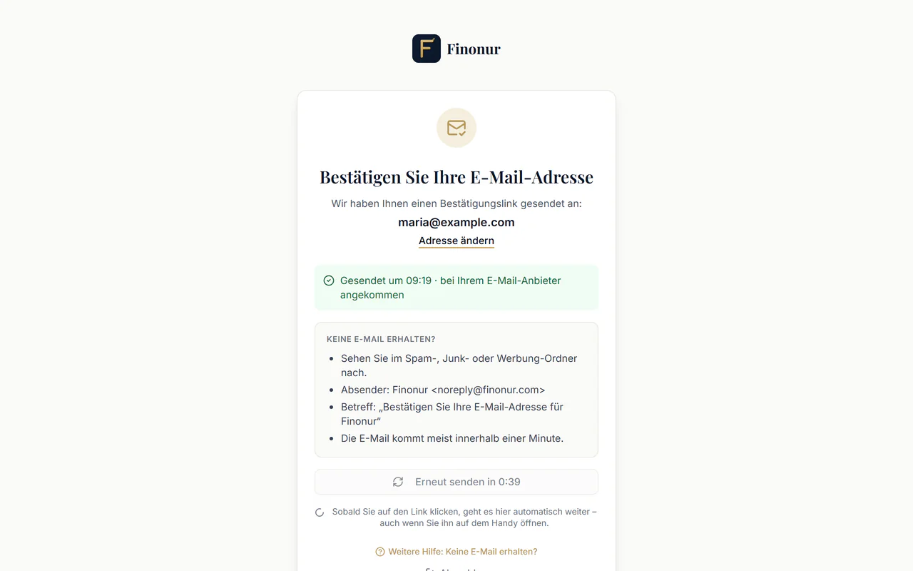 Seite „Bestätigen Sie Ihre E-Mail-Adresse“ mit der Adresse, dem Zustellstatus, Absender und Betreff und dem Knopf zum erneuten Senden