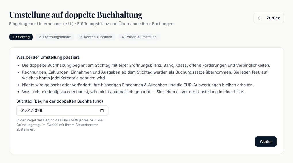 Assistent „Umstellung auf doppelte Buchhaltung“ mit den Schritten Stichtag, Eröffnungsbilanz, Konten zuordnen sowie Prüfen und umstellen