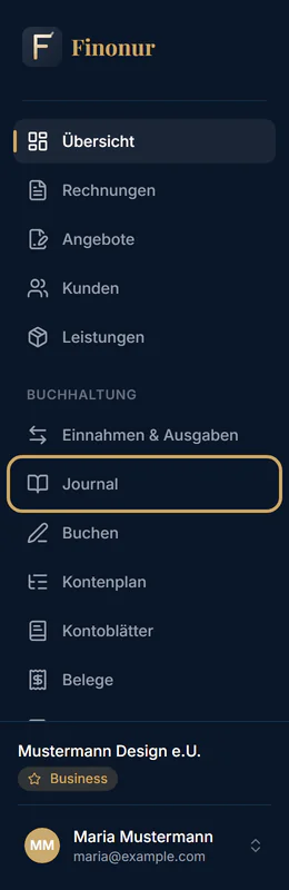Seitenmenü mit den neuen Einträgen Journal, Buchen, Kontenplan und Kontoblätter unter Buchhaltung
