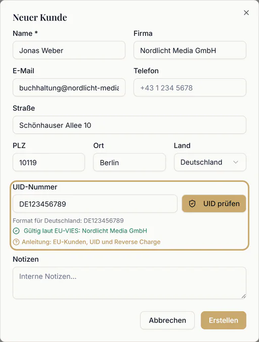 Formular „Neuer Kunde“ mit Land Deutschland, UID-Nummer DE123456789 und der Meldung „Gültig laut EU-VIES“