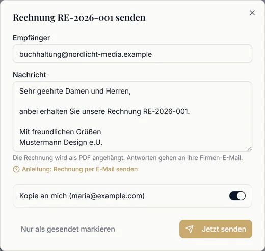Fenster „Rechnung senden“ mit Empfänger, vorausgefüllter Nachricht und der Option „Kopie an mich“